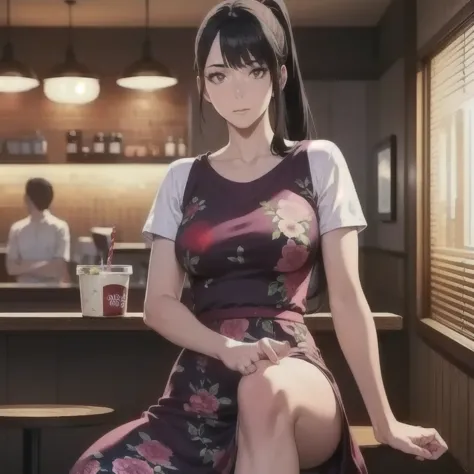  A girl with long black hair in a double ponytail ,  wearing a floral dress with a round skirt and knee-length socks ,  sitting with her back to the counter of a diner ,  two glasses full of milkshake with straws on the counter in front of her,  looking at...