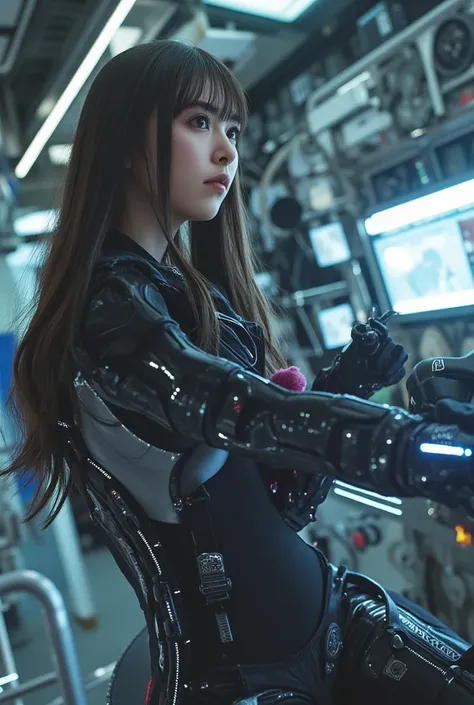 Best quality, ultra detailed face, realistic textured skin, perfect anatomy, perfect fingers, future, one girl, A tight-fitting, revealing exoskeleton suit, led, gas mask, holding blade, machinery, digital engraving, ultra-high resolution, absurdness, deep...