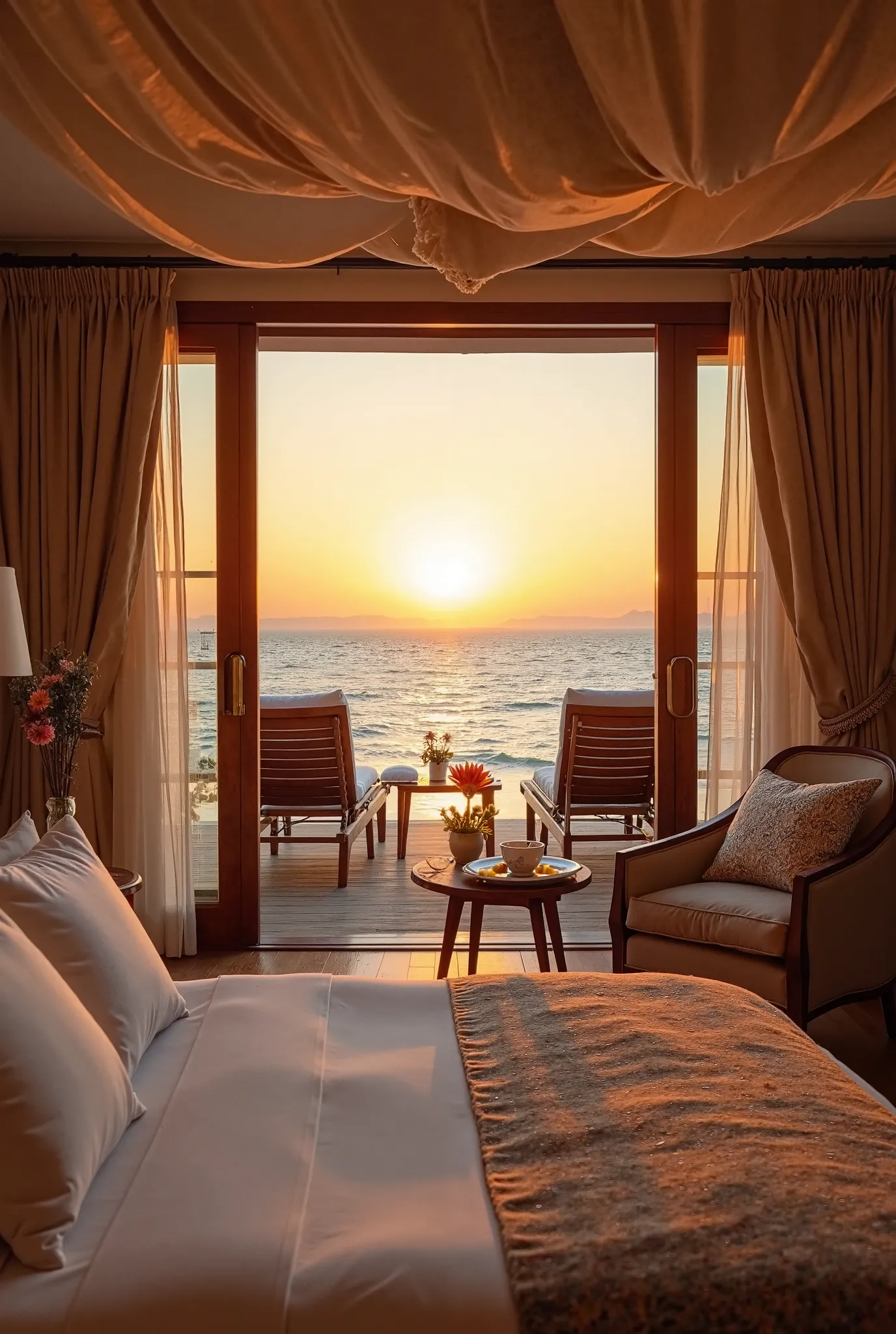 A luxurious bedroom with an open view of a sunset over the ocean. The room features a large bed with white sheets and a patterned blanket, a cushioned chair with a pillow, and a small wooden table set with a vase of flowers, a cup of tea, and a plate of fr...