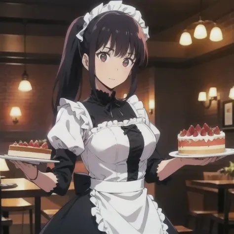 Promotional photo, The place is a café, 1 girl,  face,  waitress bringing cake to the table, Red ponytails, kind face, Gothic lolita costume and maid costume with the image of strawberries, White base clothes,