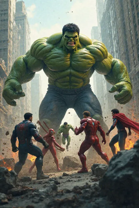 Supermen fighting the Hulk and losing to the Hulk