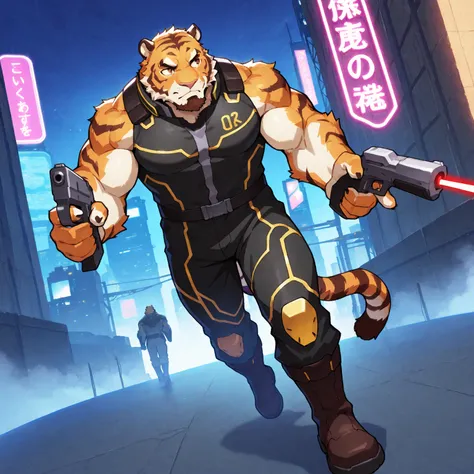 character focus, full body, looking away, dynamic angle, cyberpunk tiger warrior, a muscular middle-aged tiger man, mechanical design, cyberpunk costume clothes, holding laser gun, dynamic pose, BREAK full body in Michelangelo Buonarroti style, pastel-colo...