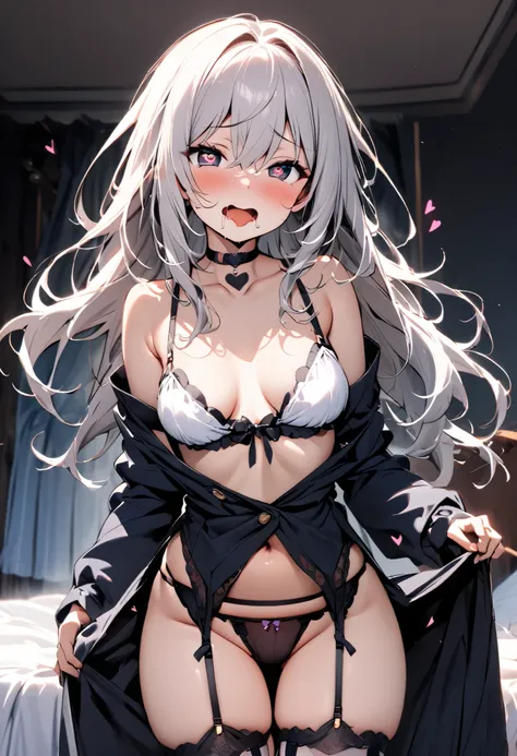 Bed girl peeking on loose clothes, enchanting expression, drooling garter belt, choker, heart mark in the eye