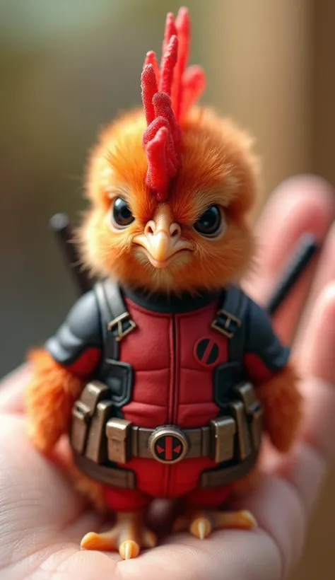 A tiny baby rooster with soft, fluffy red and orange feathers, being gently held in a human hand. The rooster chick has a small, sharp beak, curious round eyes, and a tiny red comb on its head. It is wearing a perfectly fitted Deadpool outfit, featuring th...