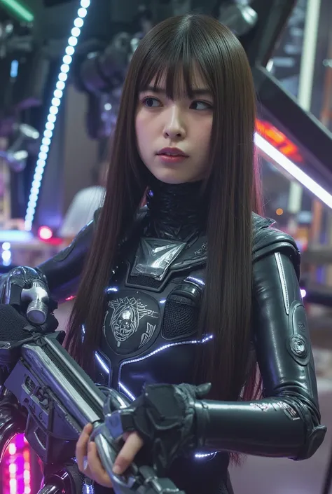 Best quality, ultra detailed face, realistic textured skin, perfect anatomy, perfect fingers, future, one girl, A tight-fitting, revealing exoskeleton suit, led, gas mask, holding blade, machinery, digital engraving, ultra-high resolution, absurdness, deep...