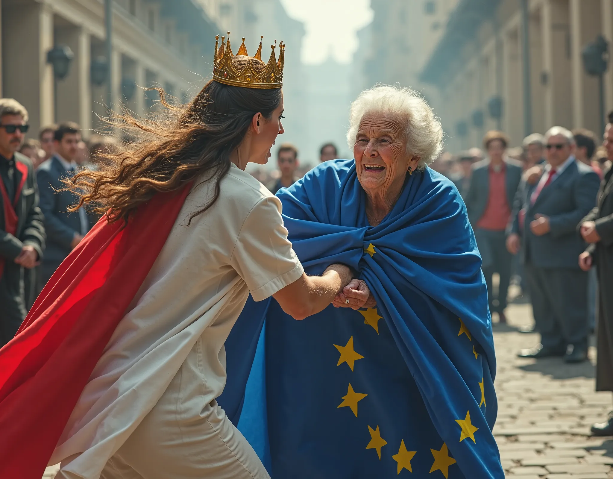  an Italian gorgeous woman /(wrapped in the Italian flag with a simple golden crown on its head)/ hits violently with a kick in the middle of the legs an elderly woman bent and puny /(wrapped in the flag of the European Union)/. the old woman because of th...