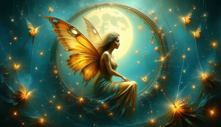 An enchanting fairy with iridescent butterfly wings rests elegantly inside an elaborate circular frame, appearing as though seated within a portal to another world. The background is bathed in a soft, dreamy teal, with a grand luminous moon radiating celes...