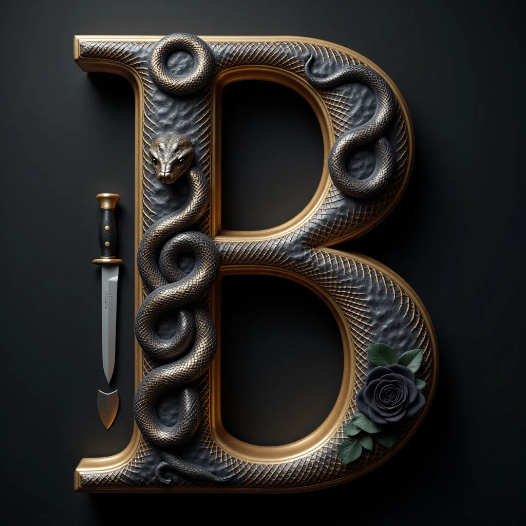 Aesthetic letter initials image"b", with a picture of a snaking snake,a black rose and a knife, ultra hd realistic