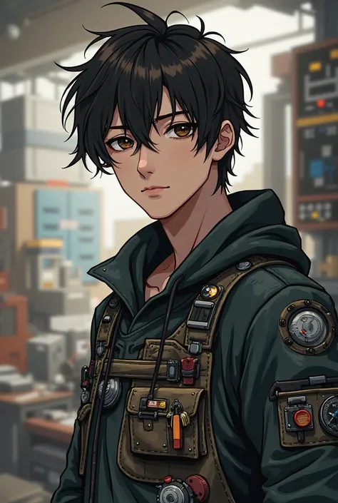 Black-haired and slightly long man, with a slightly messy style

Dark brown eyes

Clear skin and some dark circles due to long nights building robots

She has a slightly more athletic physique than Alex, but still not as strong as Ethan

Always wear jacket...