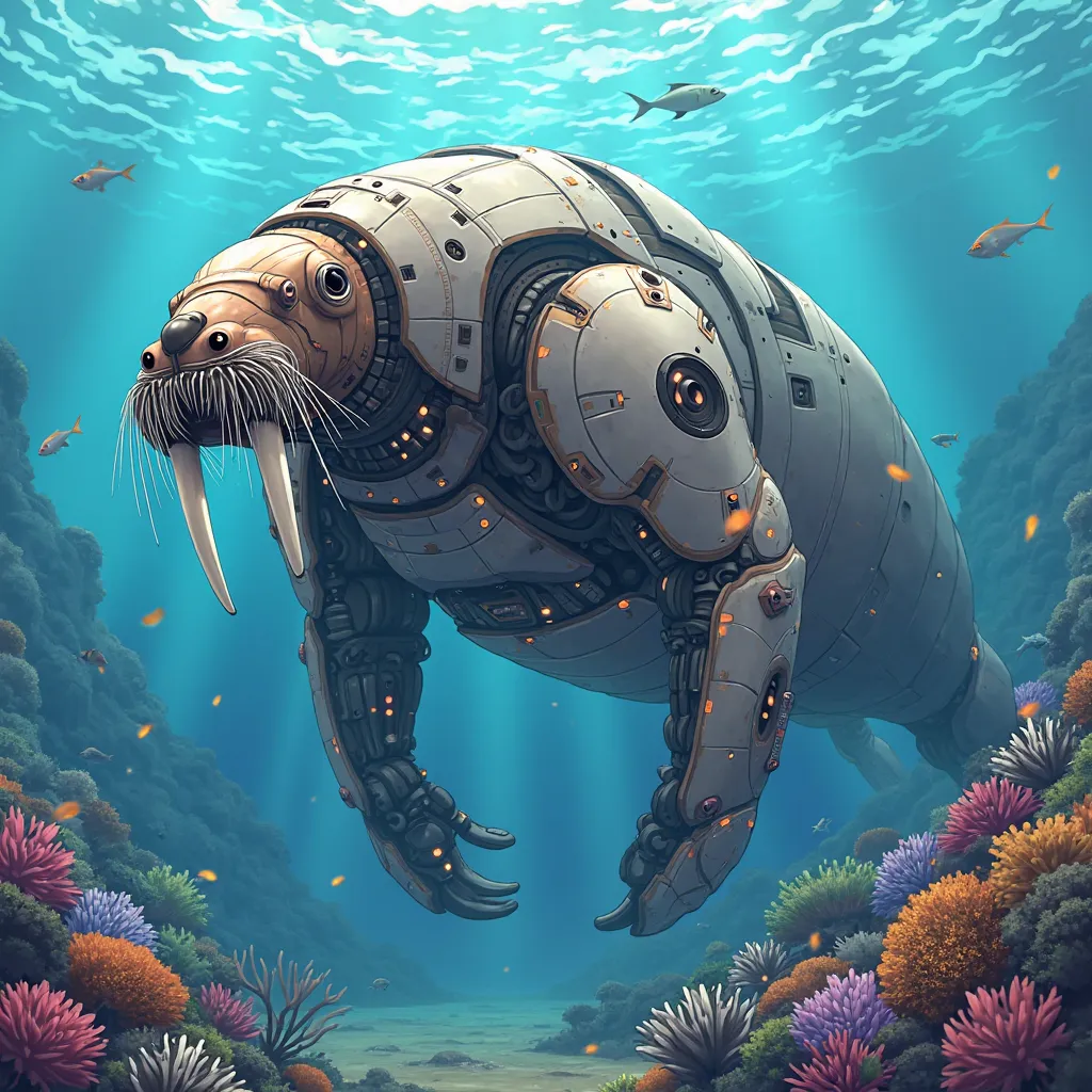  Draw a walrus robot in its animal form, swimming,  Megazord robotic style  , mecha, metallic,   brown and white, Atlantic Ocean Bottom , Anime style like the Yu-Gi-Oh card!.