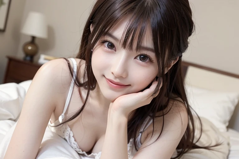  Realistic Photo Quality 、Japanese model is lying on the bed、He cheeks with his right hand and places his left hand on the bed、 Pose in bed in a see-through camisole,  lying in bed, bed at a high angle, Relaxed posture, looking at the camera、Detailed and b...