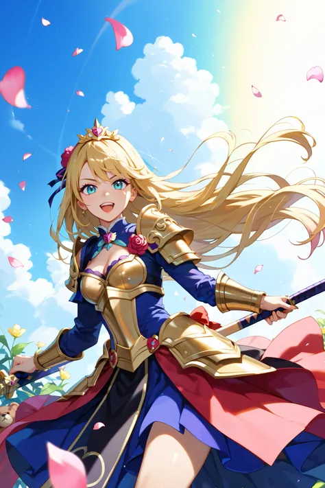 A female swordsman wearing a gorgeous Western-style Golden Armor wields a sword and is waging fierce battles, is fighting,(Teddy bear on the side ),Surrounded by gorgeous flowers , Petals dance , dynamic composition,THRILLING ACTION,Warm Light,  sparkling ...