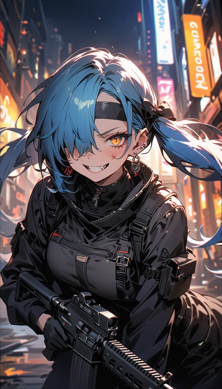 ( beautiful girl : 1.3),1 girl,(protective clothing,headband,earrings,Assault rifle),Blue Hair,twin tails, Hair Over One Eye, with barcode tattoos on their cheeks, Crazy Smile ,Reckless attitude,Evil face,Provocative attitude, with sharp eyes ,Cyberpunk,th...