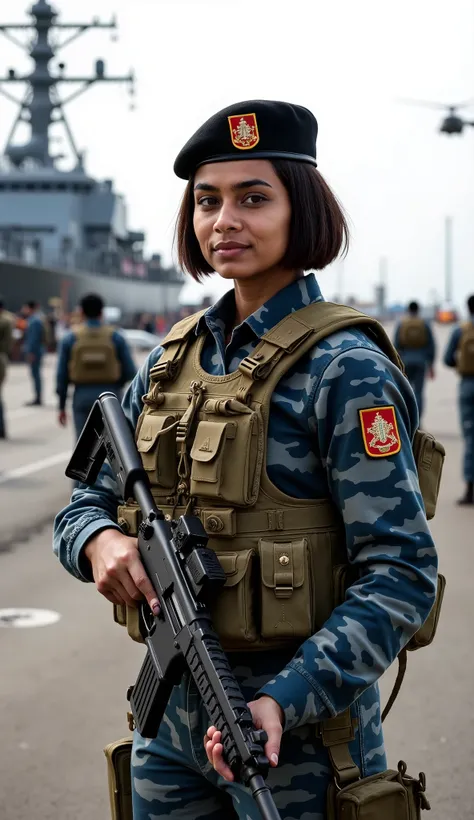 A beautiful and elegant 20-year-old Indian woman serving as an elite naval special forces operator, radiating confidence and discipline. Her striking facial features include deep, determined eyes, high cheekbones, and a poised expression that reflects her ...