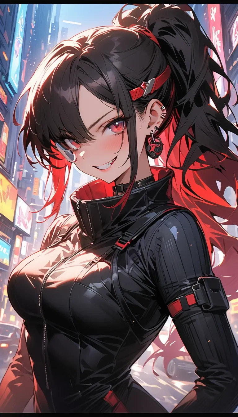 ( beautiful girl : 1.3),1 girl,(protective clothing,headband,earrings,Assault rifle,scouter), black hair,ponytail, Hair Over One Eye, with barcode tattoos on their cheeks, Crazy Smile ,Reckless attitude,Evil face,Provocative attitude, with sharp eyes ,Cybe...