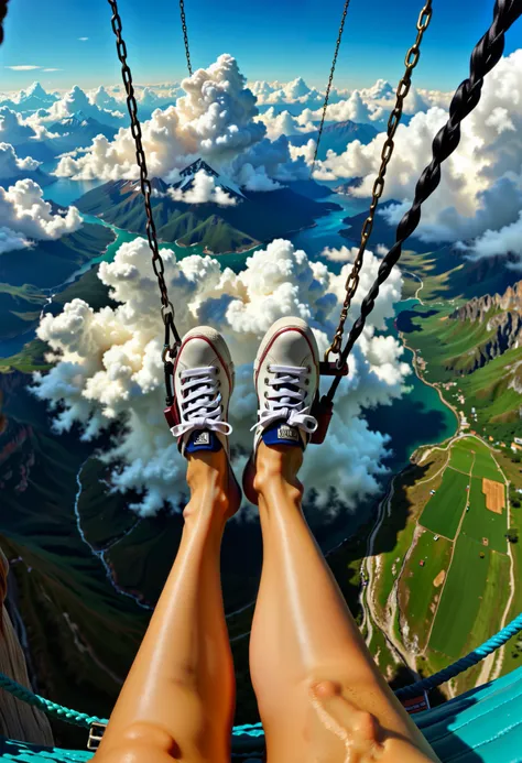 safe_pos, (score_9, score_8_up:1.1), score_7_up, photorealistic, rating:explicit                                               real-photo, POV swinging on a swing in the sky, ass pov, pov hands, Foot in the first person, First-person swivel slings, Clouds ...