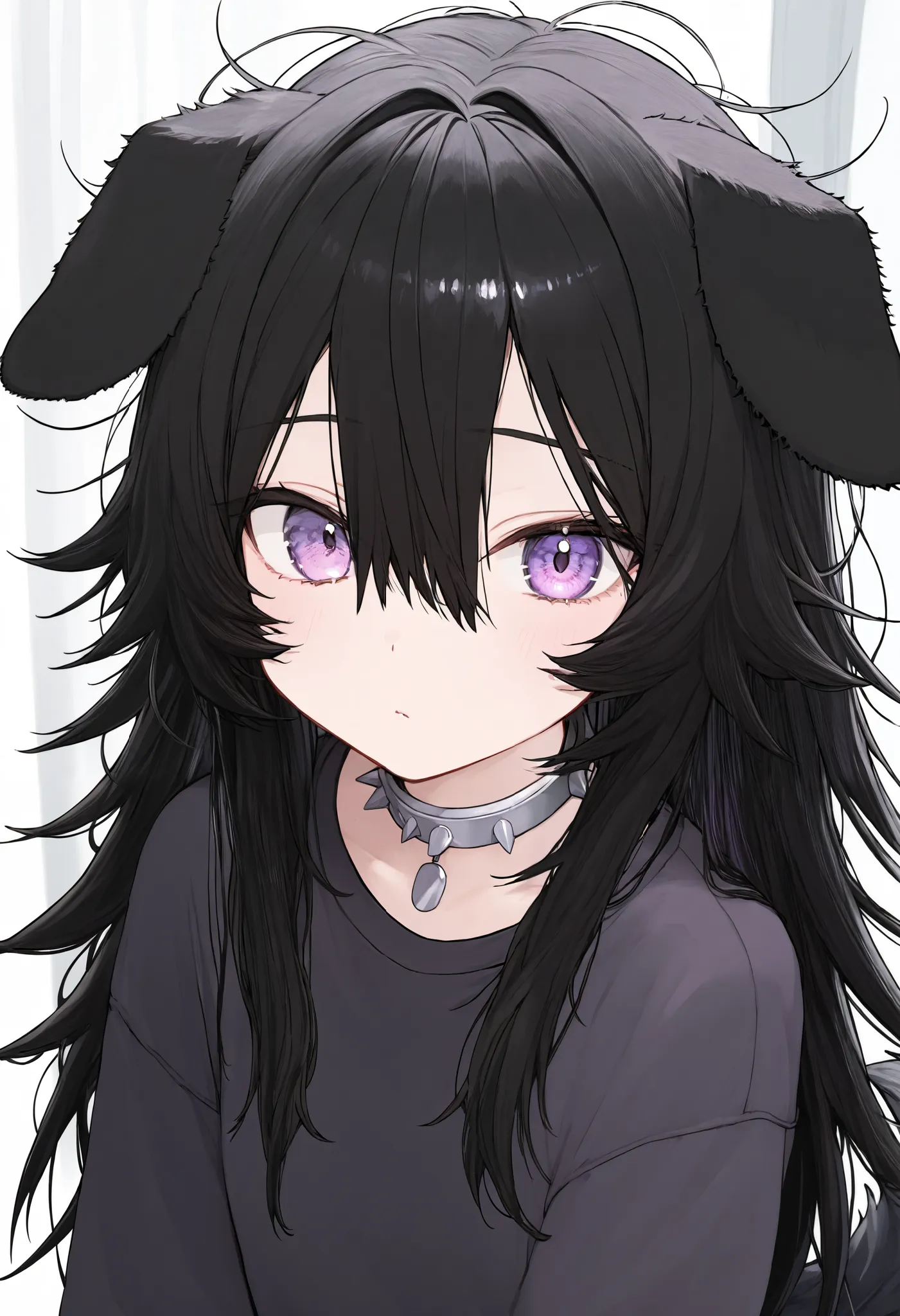 1girl, (human hybrid dog girl, long hair, straight hair, black hair, fluffy spiky hair, long sharp bangs, bangs between eyes, messy hair, fluffy hair, small ears, very small ears, dog ears, black ears, ears down, ears flop pastel purple eyes silver spike c...