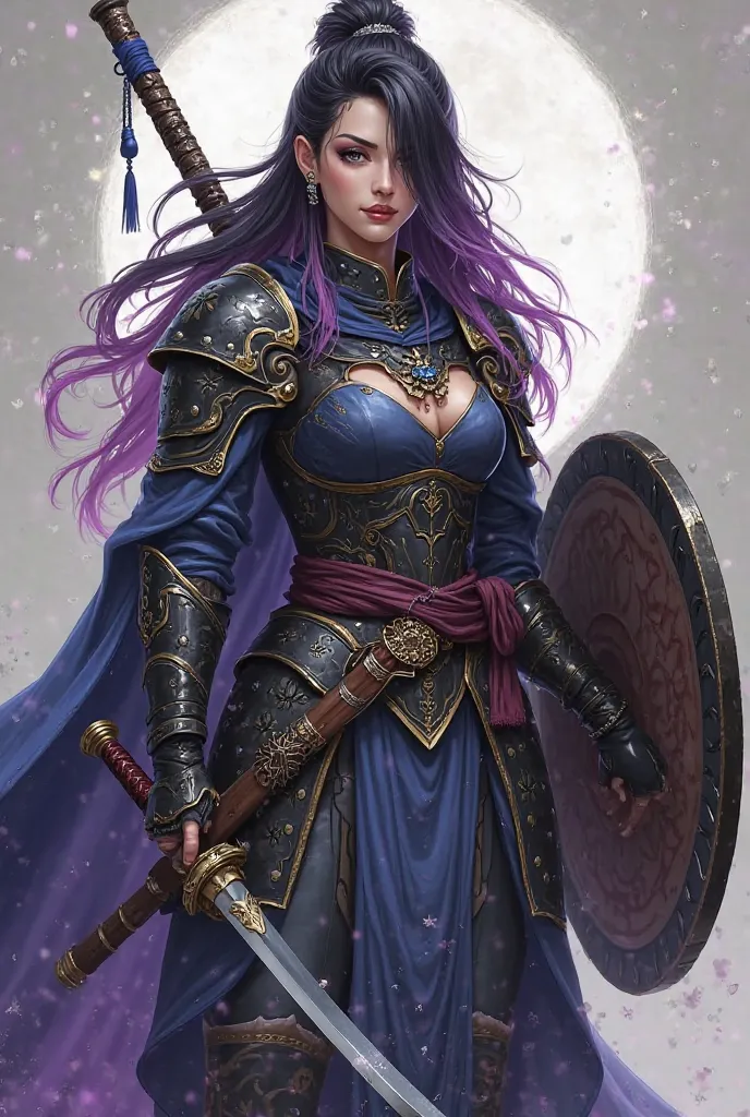 do it inspired by the Tormenta20 RPG system. A female Dahllan who is a paladin of Lin-Wu, has a sweet expression, heavy armor, a katana in her right hand and a shield in her left hand, nature-like appearance, black hair with a gradient to purple