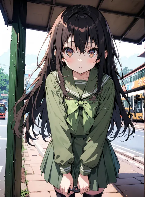 Shana, long hair,brown eyes, Alone, black hair, stupid hair, school uniform,  serafuku, green  serafuku,  bow tie, green  bow tie,  green shirt, green sailor collar,  Long Sleeve,  green skirt, button, Long Sleeve, black thigh high socks,loafers, Holding a...