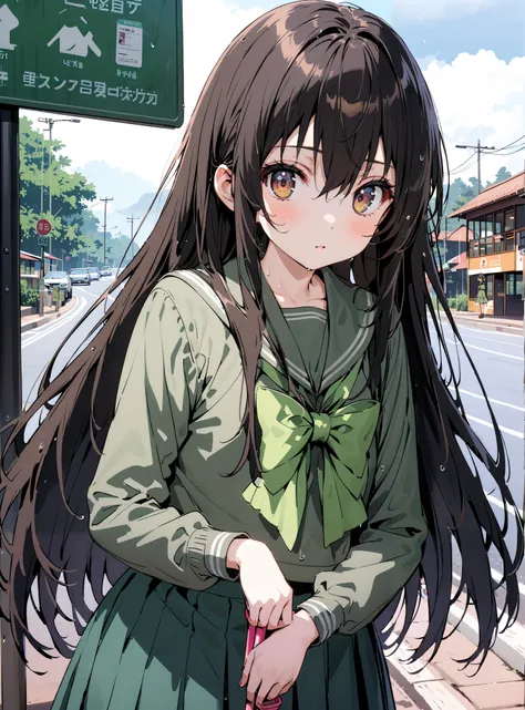 Shana, long hair,brown eyes, Alone, black hair, stupid hair, school uniform,  serafuku, green  serafuku,  bow tie, green  bow tie,  green shirt, green sailor collar,  Long Sleeve,  green skirt, button, Long Sleeve, black thigh high socks,loafers, Holding a...