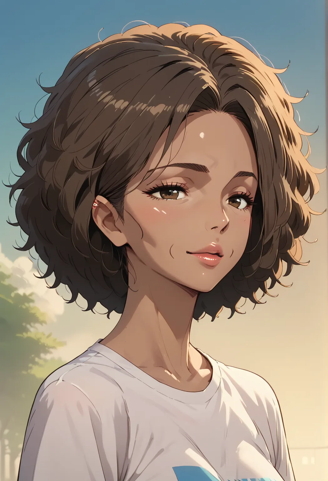  A woman,  dark skin, ebony, big boobs,  afro hair, messy hair,   brown hair, lips, curve, anime style, white t-shirts,  blue kite