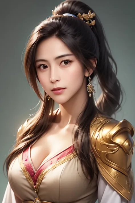 The upper body of a female warrior wearing golden armor and cloak, 1 person,  cute ponytail  ,Age 30, (((Real Face))), slightly larger breasts and cleavage,  reveal cleavage,Scary face,  very fine facial and skin textures , staring at the camera,   Chinese...