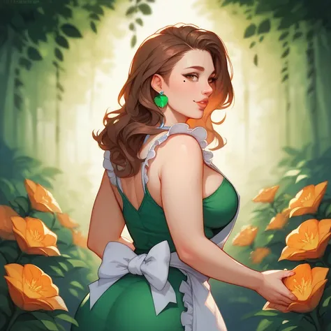 With her big dark‐brown hair and her plump round breast, Maria has a very top-heavy silhouette. She has brown eyes and a mole above her lips.

She wears a forest‐green dress that emphasizes her strong proportions, with extra flour handprint on the rear, wh...