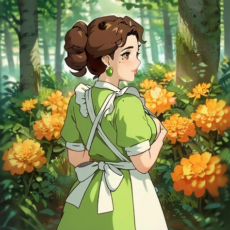 With her big dark‐brown hair and her plump round breast, Maria has a very top-heavy silhouette. She has brown eyes and a mole above her lips.

She wears a forest‐green dress that emphasizes her strong proportions, with extra flour handprint on the rear, wh...