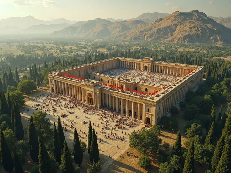 Real aerial view of a very large and massive Raz Elod fortress The largest castle in the world Achaemenid style Persepolis Apadana Mysterious amidst a lush wooded forest and a mountain with tall trees, Shirazi cypress trees - Simple red flags raised around...