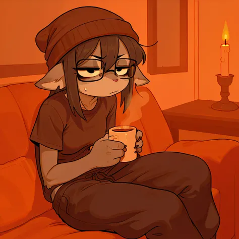 Grey furry woman, grey fur, flappy ears, woman, tall, cute thin, skinny, warm colors, cozy, candlelit, all black eyes, brown beanie with ear flaps, grey, glasses, t shirt, sweatpants, serious tired expression, baggy sweatpants, drinking coffee, slouching