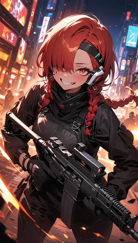 ( beautiful girl : 1.3),1 girl,(protective clothing,headband,earrings,Assault rifle,scouter), red hair , braids, Hair Over One Eye, with barcode tattoos on their cheeks, Crazy Smile ,Reckless attitude,Evil face,Provocative attitude, with sharp eyes ,Cyberp...