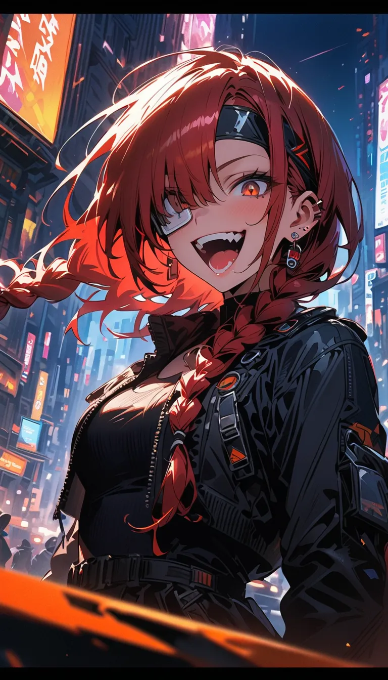 ( beautiful girl : 1.3),1 girl,(protective clothing,headband,earrings,Assault rifle,scouter), red hair , braids, Hair Over One Eye, with barcode tattoos on their cheeks, Crazy Smile ,Reckless attitude,Evil face,Provocative attitude, with sharp eyes ,Cyberp...