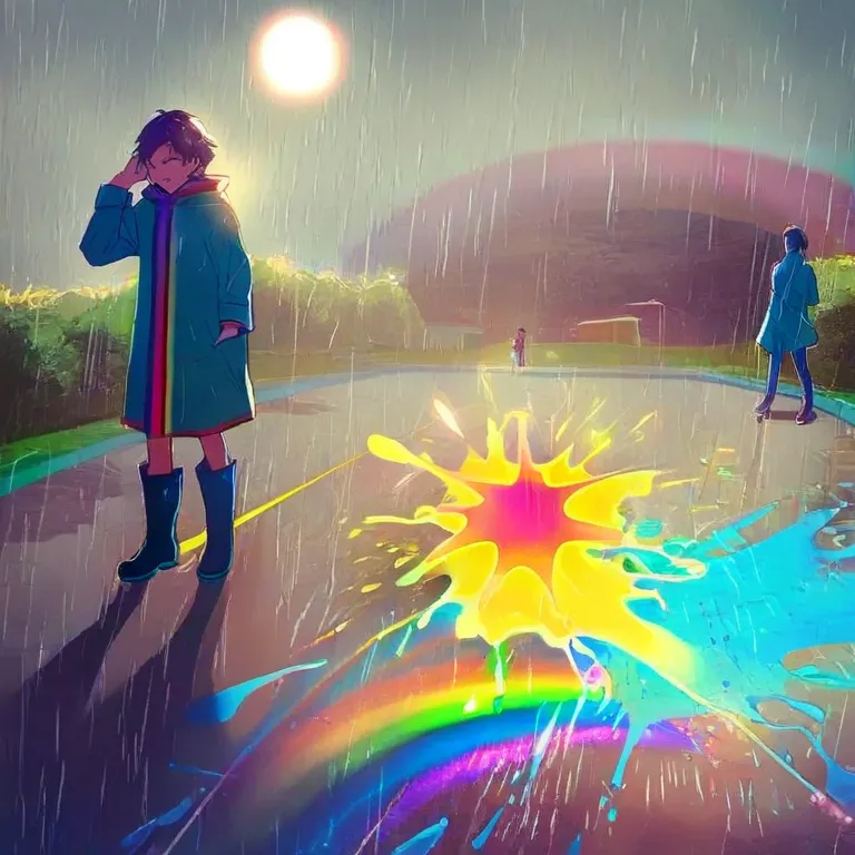 clothed,A man, standing, splash, water, puddle, splatter, glowing sun, bright, colorful, rainbow, rain, raincoat, rain boots, playful, joyful, laughter, in the park, on the street, on a rainy day