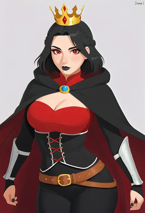 Masterpiece, Best Quality, art by derpixon, 1girl, ccserana,double crown braid,black hair,medium hair,red eyes,mascara,slit pupils,black lips,black nails, black hooded cape,two-sided cape,jewelry,silver gorget,cleavage cutout,black corset,red shirt,arm gua...