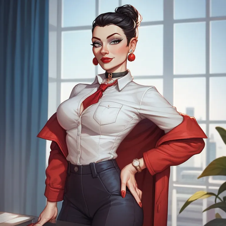 She is a slim Asian woman with black hair and grey eyes. Her hair bun is kept steady with a red stick.

Her office suit reflects the seriousness of her post: a plain grey jacket and pants, with a ruffle‐front stand‐up collar white shirt. She has red‐varnis...