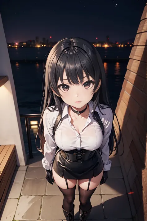 Masterpiece, anime style, A young girl,  of foot, (view from above), (( arms crossed )), pretty face,  surprised look, ((redness on the cheeks)), long black hair, detailed eyes,  black eyes,  choker : 1.6, (( long sleeve white shirt )), ( black gloves ), (...