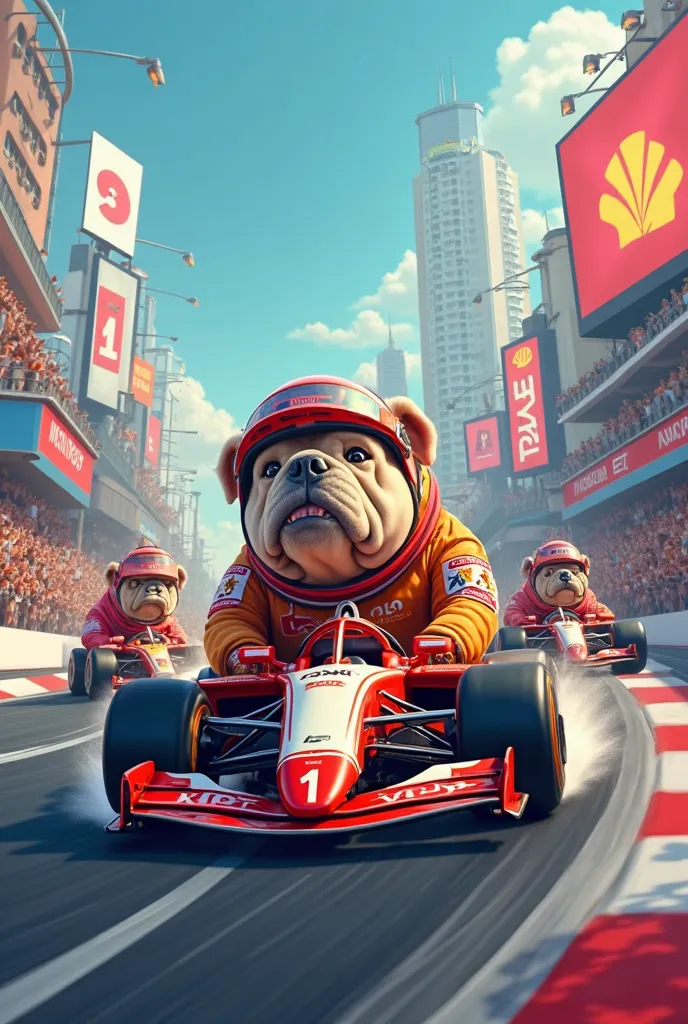 Big-headed cartoon bulldogs racing in Formula 1 