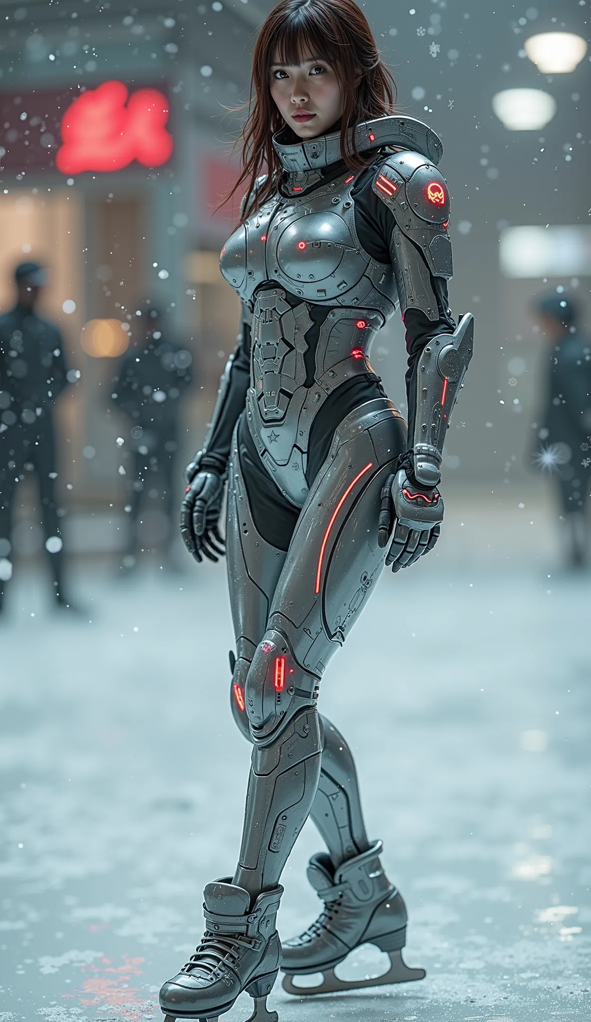 photo-realistic, ultra-realistic, very beautiful Japanese futuristic soldier, famous Japanese idol, dramatic scene, masterpiece, beautiful eyes, dark auburn hair, wearing gray high heel ice skates , (cyber punk glossy intricated gray mecha armor suits with...