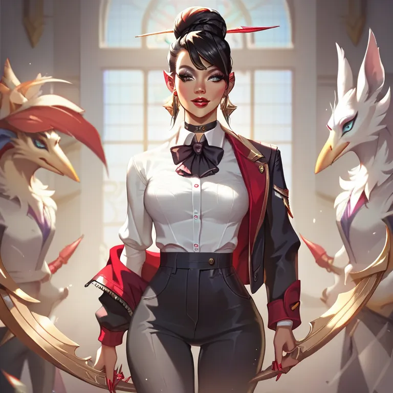 She is a slim Asian woman with black hair and grey eyes. Her hair bun is kept steady with a red stick.

Her office suit reflects the seriousness of her post: a plain grey jacket and pants, with a ruffle‐front stand‐up collar white shirt. She has red‐varnis...