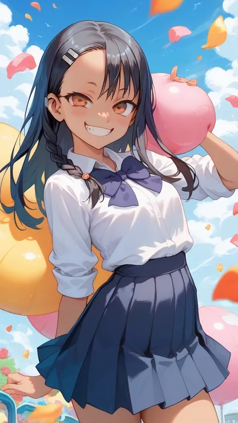 hayase nagatoro, an anime girl with long black hair and side braids, wearing a Japanese school uniform with a white blouse and a black skirt. She's playfully smiling,  with large and expressive eyes , in a colorful and detailed anime art style."