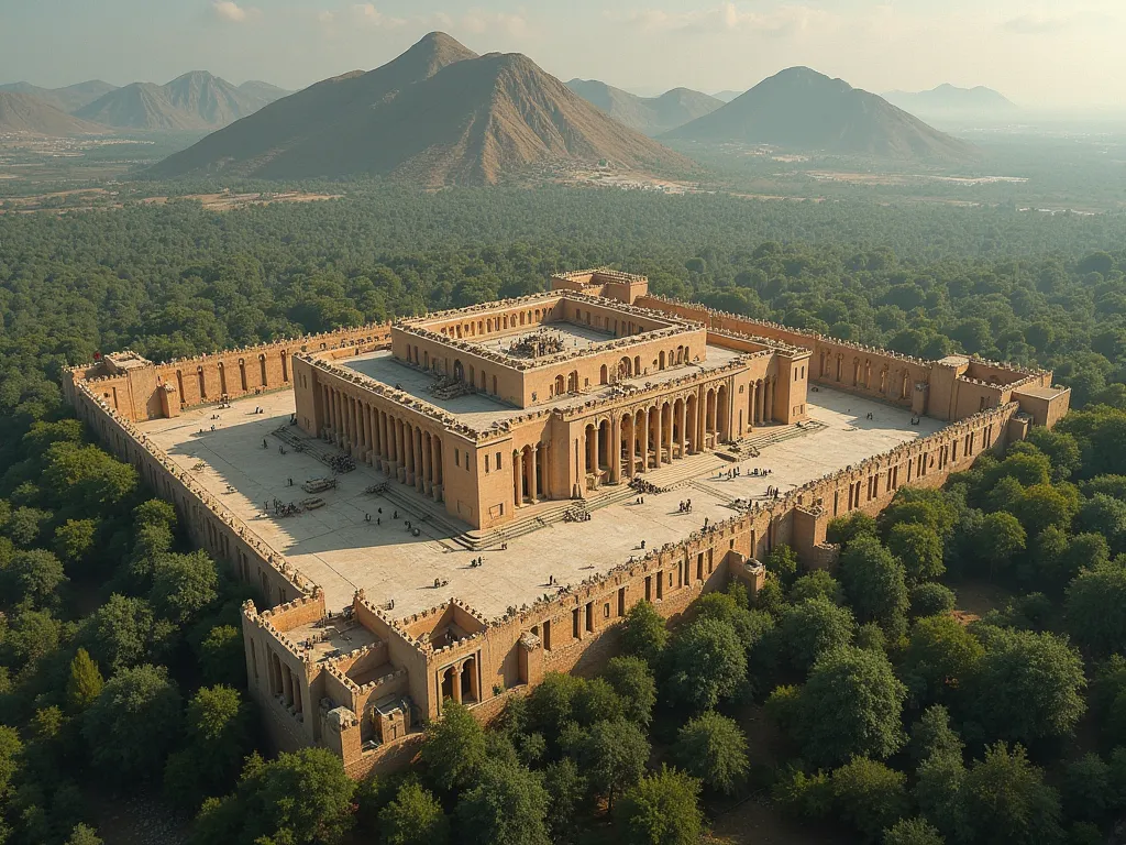 Real aerial view of a very large and massive Raz Elod fortress The largest castle in the world Achaemenid style Persepolis Apadana Mysterious amidst a lush wooded forest and a mountain with tall trees, Shirazi cypress trees - Simple red flags raised around...