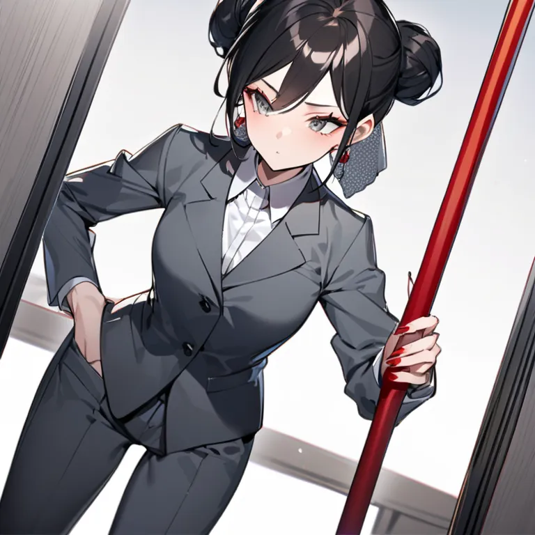 She is a slim Asian woman with black hair and grey eyes. Her hair bun is kept steady with a red stick.

Her office suit reflects the seriousness of her post: a plain grey jacket and pants, with a ruffle‐front stand‐up collar white shirt. She has red‐varnis...