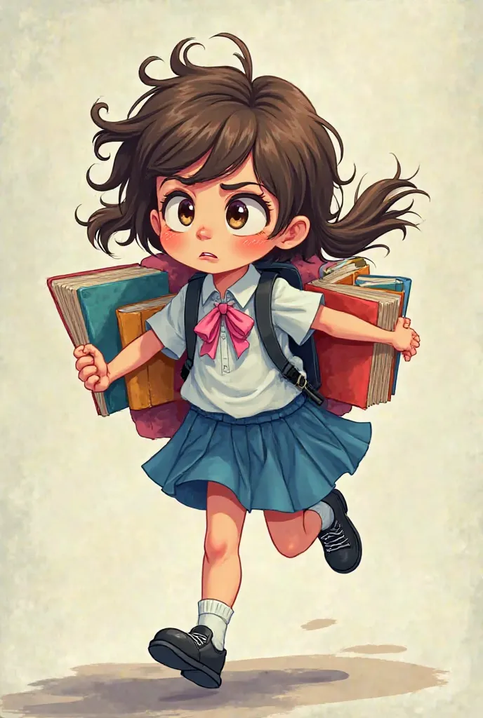 A girl with disheveled hair and an expression of concern on her face, comes running to school with her books and notebooks in her arms, without her backpack. She seems to have forgotten her backpack at home and must now carry all her school supplies in a p...