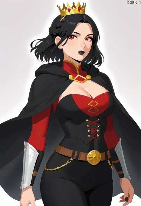 Masterpiece, Best Quality, HmagoStyle, 1girl, ccserana,double crown braid,black hair,medium hair,red eyes,mascara,slit pupils,black lips,black nails, black hooded cape,two-sided cape,jewelry,silver gorget,cleavage cutout,black corset,red shirt,arm guards,b...