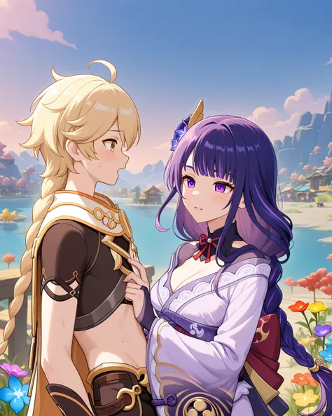 A small town by the river, Shogun Raiden purple hair purple eyes Genshin Impact and blond haired boy Aether having sex ,mountains in the background,  colorful flowers