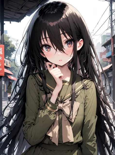 Shana, long hair,brown eyes, Alone, black hair, stupid hair, school uniform, serafuku, green serafuku, bow tie, green bow tie, green shirt, green sailor collar, Long Sleeve, green skirt, button, Long Sleeve, black thigh high socks,loafers,rain, clou...