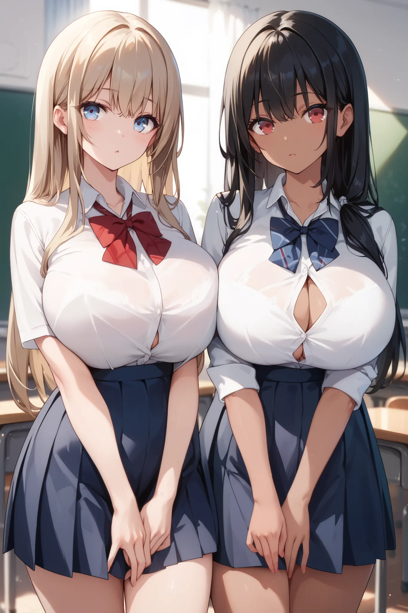 2girls, blonde hair, black hair, long hair, hair over shoulder, blue eyes, red eyes, light beige skin, dark skin, dress shirt, school, school uniform, front shots, huge breasts,