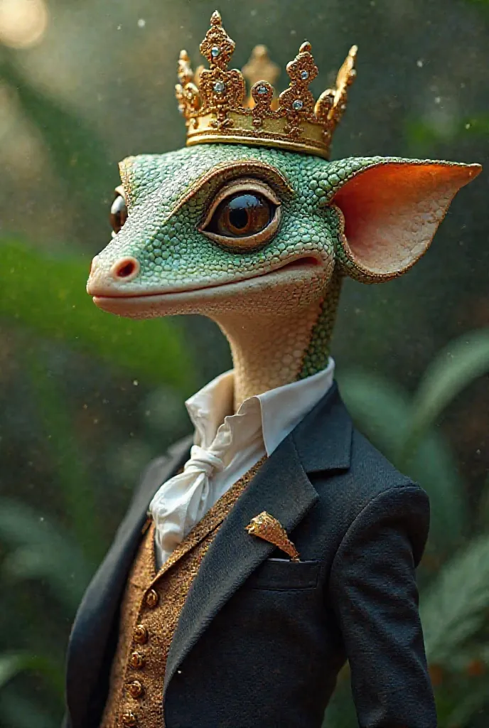 A gecko with a crown and an elegant suit