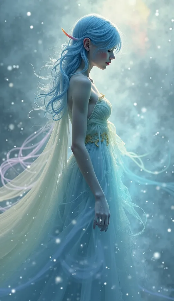 Woman made of mist and fog, blue hair and sea elf ears and skin. Flowing dress, almost transparent body, rainbow colored mist