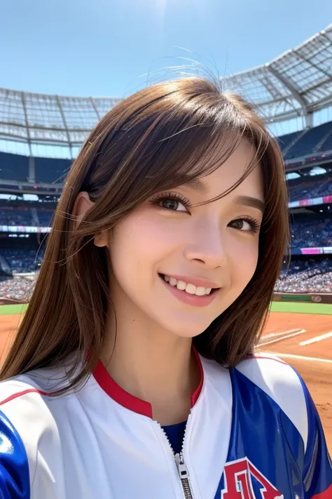   super detailed  ,  bright color,(8k:1.5),Masseter muscle part,  very beautiful and detailed face and eyes  ,Age 25, チアガール(  Latex Cheerleader Uniform),   mature woman, /(Brown Hair/) ,  (Laugh brightly),  Latex uniform  、  outdoor, audience,(Baseball Sta...